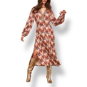 NKN Nekane SPAIN IKAT print dress long sleeve slits vneck rust orange cream XS